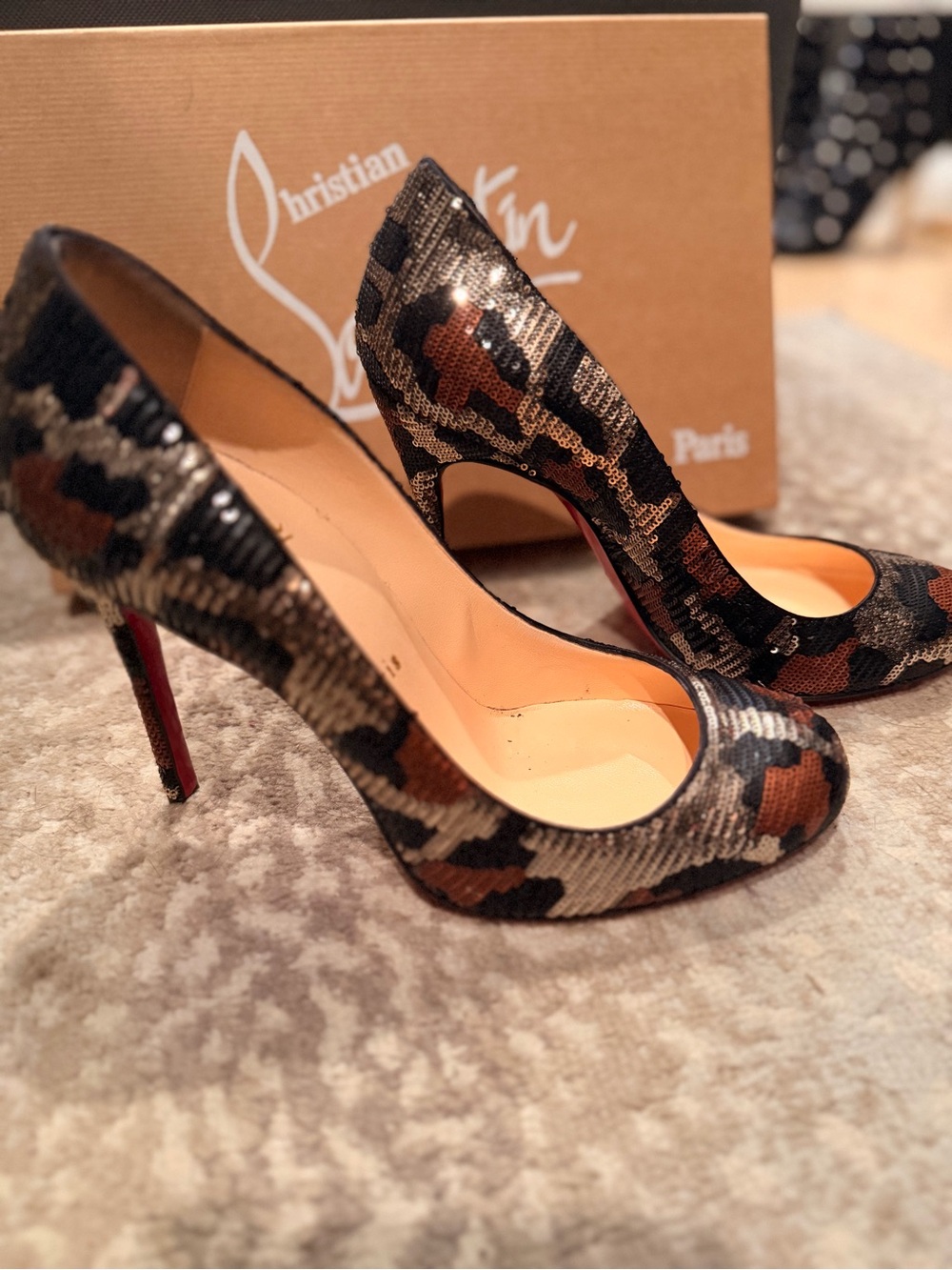 Christian Louboutin 100 FiFi Sequined Leopard Heel.